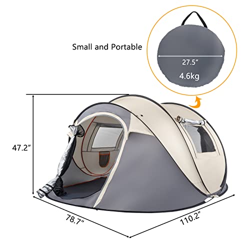 4 Person Easy Pop Up Tent for Camping,Waterproof Automatic Setup 2 Doors-Instant Family Tents with Vestibule & Porch, Large Size Family Tent Automatic Setup for Camping Hiking & Traveling