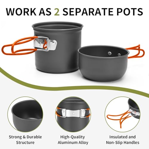 aiGear 8pcs Camping Cookware Mess Kit, Camping Pot and Pan Set with Mini Backpacking Stove, Stainless Steel Cup, Spork and Tank Bracket, Cooking Gear for Hiking Camping Outdoor Picnic - color: Orange