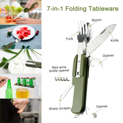 EZYoutdoor 7-in-1 Camping Utensils - Portable Stainless Steel Camping Fork Spoon Knife Set for Hiking, Picnics Outdoor Enthusiasts, and Travel - Essential Survival Utensil Tool Kit - color: Green