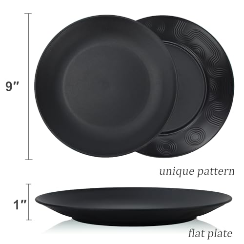 Wrova Wheat Straw Dinner Plates 9 Inch Unbreakable Set of 8 - Dishwasher & Microwave Safe Plastic Plates Reusable - Lightweight Plates for Kitchen,Camping,Apartment,Dorm,RV - Pure Black - color: Black, size: 9 inch