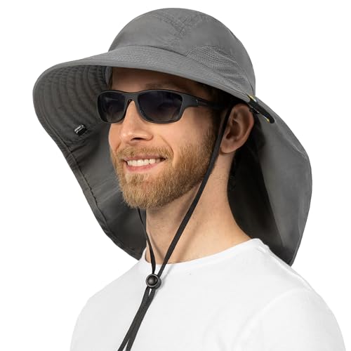 SUN CUBE Wide Brim Sun Hat with Neck Flap, UPF50+ Hiking Safari Fishing Hat for Men Women, Sun Protection Beach Hat - color: Gray