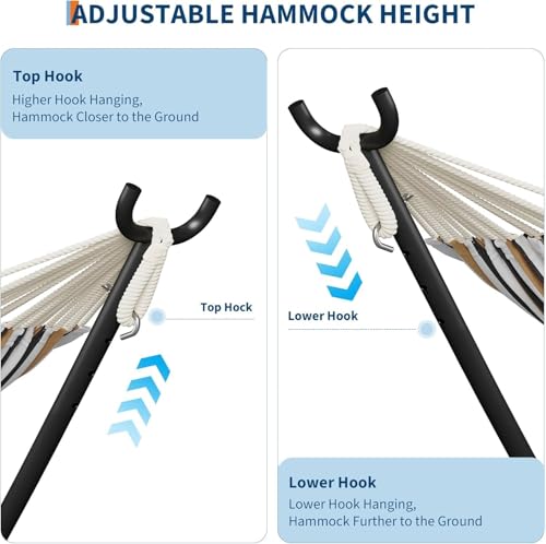 Double Hammock with Stand for 2, Heavy Duty 350 Lb Capacity Portable Rope Hammock for Indoor & Outdoor Use, Includes Padded Mat and Pillow, Tool-Free Easy Assembly, Light Blue - color: Light Blue and Green Stripes Design