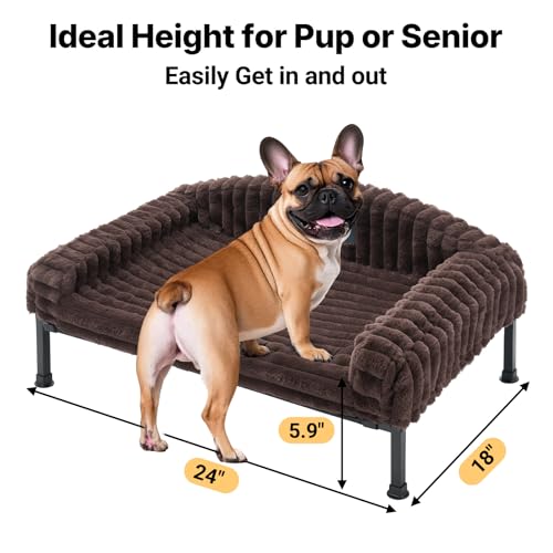 Veehoo Elevated Dog Bed with Bolster Cushion, Fluffy Plush Dog Couch Beds for Small Dogs, Cats, Washable Raised Pet Cot with Non-Slip Feet for Indoor or Patios Use, 24 x 18 Inches, Brown - color: Brown, size: 24.0"L x 18.0"W x 8.3"Th