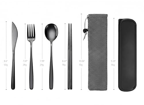 Portable Camping Utensil Set - 18/8 Stainless Steel Travel Silverware with Compact Case - Reusable Knife Fork Spoon Chopsticks Kit for Hiking, Picnic, Backpacking & Outdoor Eating (Black) - color: Black