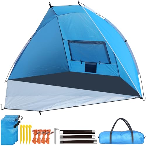 Chihee Beach Tent for 1/2/3 Person, Portable Camping Sun Shelter with Extended Floor, UV Protection Silver Coated Canopy, Privacy Changing Option, Wind Resistant with Sandbags, Lightweight Beach Shade