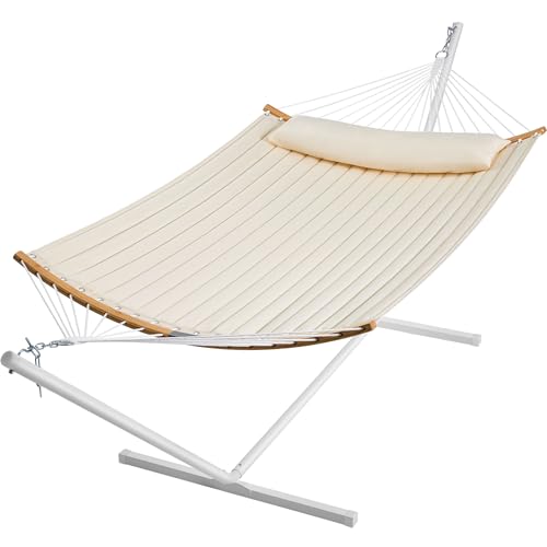 SUPERJARE Hammock with Stand, 2 Person Heavy Duty Hammock with Padded Cotton, Detachable Pillow & Strong Curved-Bar & Portable Carrying Bag, Perfect for Outdoor & Indoor, Beige - color: Beige