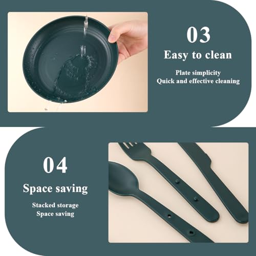 Camping Mess Kit for 4 with Bowl, Plate, Cup, Spoon, Fork, Knife and Carry Bag, Plastic Camping Accessories Essentials Gear for Travel, Picnic, Outdoor, Easy to Carry & Store