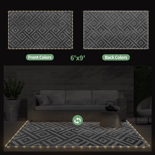 GENIMO Outdoor Rug with LED Strip Lights, 6'x9' Waterproof Camping Mat, Reversible Plastic Straw Rugs for Patio, RV, Camper, Balcony, Backyard, Picnic, Deck, Black & Gray - color: Black&gray | Led, size: 6' x 9' (Rectangular)