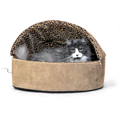 K&H Pet Products Thermo-Kitty Bed Deluxe Heated Cat Bed for Large Kitties - Indoor Heated Pet Bed for Dogs & Cats, Covered Cave Pet Tent, Machine Washable, Safety Listed - Large 20in Tan/Leopard - color: Tan, size: Large 20 Inches 4 Watts