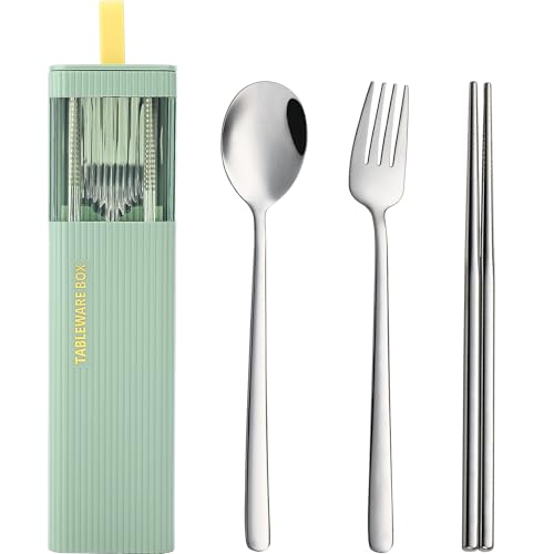 DEVICO Travel Utensils with Case, 18/8 Stainless Steel Reusable Silverware Set for Lunch Box, Portable Cutlery Set, Fork and Spoon Set for Camping, Lunch, Picnic, Workplace, School (Green) - color: Green