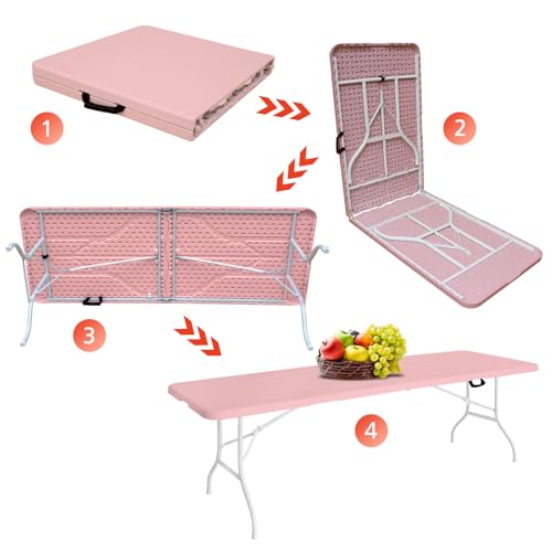 Portable 8Ft Folding Table, Heavy Duty Plastic Fold-in-Half Utility Foldable Dining Table, Multi-Purpose Plastic Folding Table with Carrying Handle for Camping and Party Indoor/Outdoor (Pink) - color: Pink, size: 8Ft