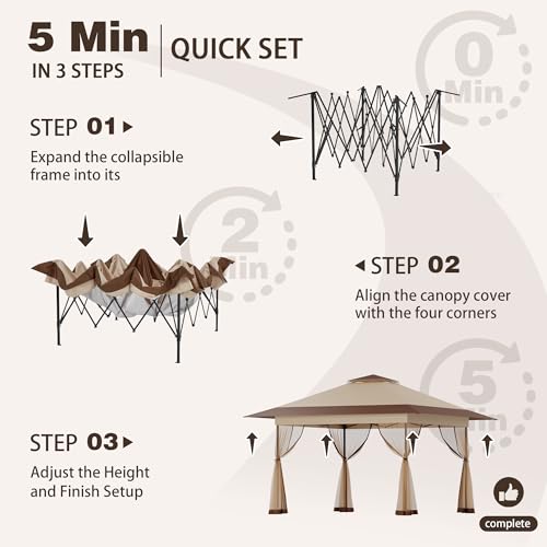 Bezseller 13x13 Pop Up Gazebo with Mosquito Netting – Easy 1-Person Setup, Water-Resistant Backyard Canopy for Family Patio & Garden Use,Khaki - color: Khaki, size: 13"x13"