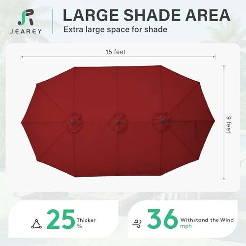 JEAREY 15ft Large Patio Umbrella with Base, Outdoor Rectangle Umbrella Double-Sided Market Umbrella with Stand for Pool, Deck, Backyard and Garden, Red - color: Red