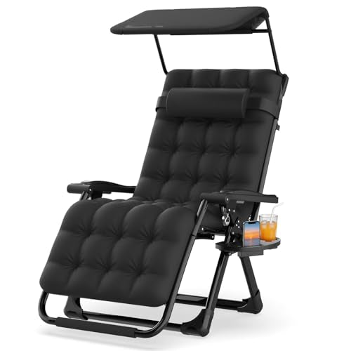 Suteck Zero Gravity Chair with Canopy, Reclining Camping Lounge Chair w/Removable Cushion, Upgraded Lock and Cup Holder, Reclining Patio Chairs Folding Recliner for Indoor and Outdoor - color: 26inch Black With Canopy