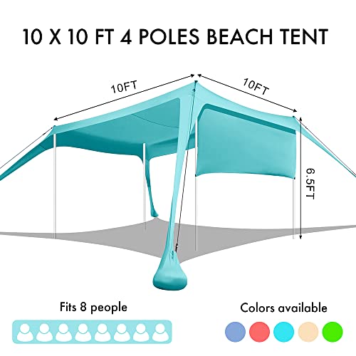 Beach Canopy Tent Shade with Sidewalls 10x10FT, 6.6FT Tall, UPF50+ Sun Shelter, Windproof & Water Resistant, Includes Guylines Sand Shovel Stability Poles, Easy Up for Beach Outdoor Camping Backyard - color: Turquoise