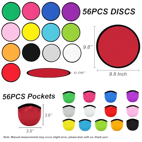 56PCS Foldable Flying Disc Fans with Bags, 9.8'' DIY Handheld Black Egde Fabric Folding Fan for Outdoor Game Activities Birthday Party Favors Gifts, 14 Colors - color: 14 Colors, size: 56PCS