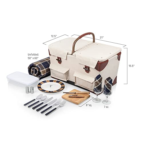 PICNIC TIME Pioneer Deluxe Picnic Basket, Romantic Vintage Wood-Framed Basket Covered in Canvas, Complete Deluxe Service for Two with Water-Resistant Bottom and Two Lids, (Beige Canvas)