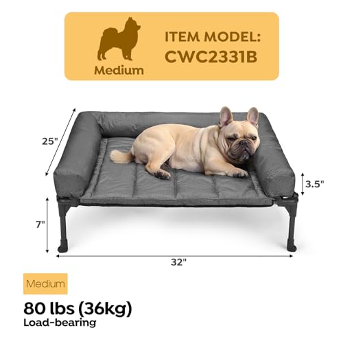 Veehoo Cooling Elevated Dog Bed Add Removable Waterproof Bolster Cushion Mat, Raised Pet Cot with Breathable Teslin Mesh, No-Slip Feet, Dog Sofa Bed for Indoor Outdoor, Medium, Black Silver - color: Black Silver, size: 32.0"L x 25.0"W x 7.0"Th