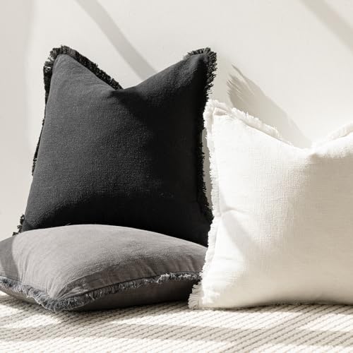 Foindtower Decorative Linen Fringe Throw Pillow Covers Cozy Boho Farmhouse Cushion Cover with Tassels Soft Accent Pillowcase for Chair Sofa Bed Living Room Home Decor, 16×16 Inch, 1PC, Black - color: Black, size: 16" x 16" (Pack of 1)