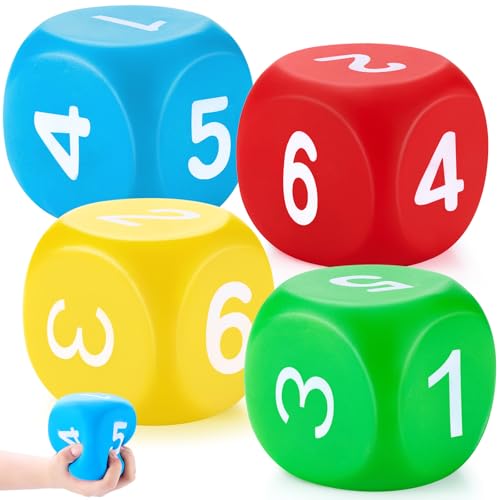 Zomiboo 4 Pcs Jumbo 4 Inch Foam Dice Set, Soft Stress Relief Toy for Kids & Adults, Colorful 6 Sided Giant Dice for Classroom Math, Family Board Games, Holiday Stocking Stuffers(Bright Colors,Number) - color: Bright Colors, style: Number