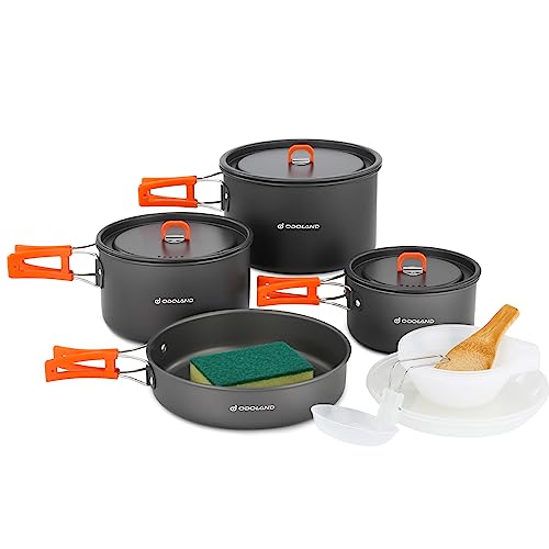 Odoland 15pcs Camping Cookware Non-Stick Lightweight Camping Pots and Pans Set with Kettle Plastic Plates Bowls Soup Spoon for Camping, Backpacking, Outdoor Cooking and Picnic - style: 15pcs W/ Pot