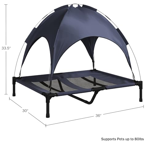 Elevated Dog Bed with Canopy - 36x30-Inch Portable Pet Bed with Non-Slip Feet - Indoor/Outdoor Dog Cot with Carrying Case by PETMAKER (Blue)