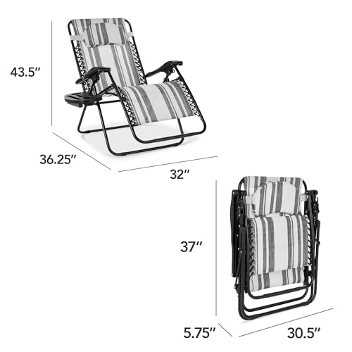 Best Choice Products Oversized Zero Gravity Chair, Folding Outdoor Patio Lounge Recliner w/Cup Holder Accessory Tray, Pillow - Gray Stripes - color: Gray Stripes
