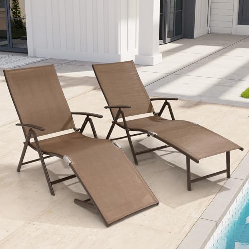 Crestlive Products Chaise Lounge Chair Outdoor Set of 2, Aluminum Folding Patio Recliner Chair, Adjustable 8 Positions Assemble-Free Perfect for Beach, Yard, Pool, Deck - color: Brown, size: 2 Pcs