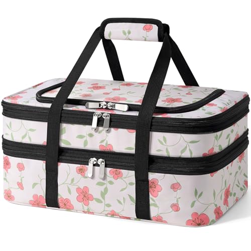 Insulated Double Casserole Carrier - Portable Casserole Carriers for Hot or Cold Food Lunch Tote Warmer or Cooler Bag for Potluck Parties Picnic Cookouts, Fits 9" x 13" Baking Dish - Flower - color: Flower