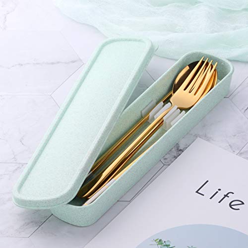 3 PCS Stainless Steel Travel Camping Flatware Set Fork Spoon Chopsticks with Portable Case, Gold - color: Gold