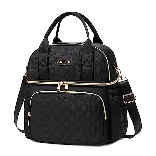AIJIEKE Large Insulated Lunch Bag for Women, Double Compartment Leakproof Lunch Box for Work Office, Reusable Cooler Tote with Adjustable Strap & Side Pockets for Adults Picnic Beach, Black - color: Black