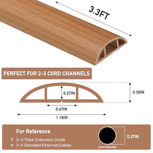 Floor Cord Cover Self Adhesive Cord Hider Floor Extension Cord Covers for Floor Power Cord Protector Cable Management Prevent Cable Trips Cable Cavity 0.47" W x 0.27" H (Light Brown Wood, 3.3Ft) - color: Light Brown Wood, size: 1.18" x 3.3'