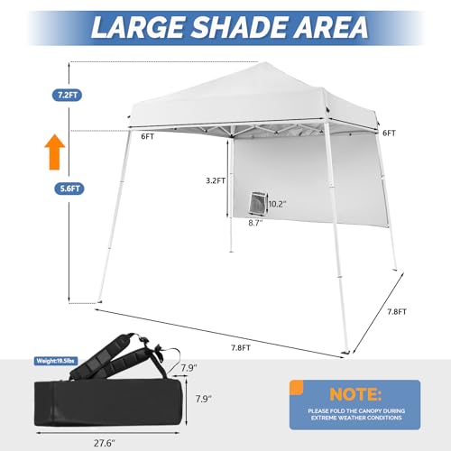 VINGLI 6x6 ft Pop Up Canopy Tent, Outdoor Small Canopy Tent with Backpack, Patio Pop Up Gazebo Slant Leg Canopy with 1 Sidewall, Portable Easy Up Canopy (White) - color: White, size: 6x6