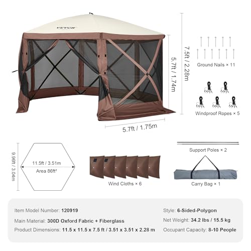 VEVOR Pop Up Gazebo Screen Tent 6 Sided Canopy Sun Shelter with 6 Removable Privacy Wind Cloths & Mesh Windows, 11.5x11.5FT Quick Set Screen Tent with Mosquito Netting, Brown - color: Brown, size: 11.5x11.5ft