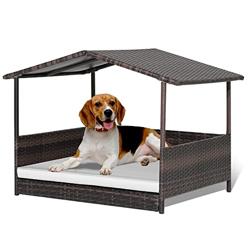 Wicker Dog House Elevated Dog Bed Houses for Indoor Outdoor, Raised Rattan Dog Cot Woven Pet Sofa, w/Waterproof Shelter, Removable Cushion Lounge, Washable Cover - style: White