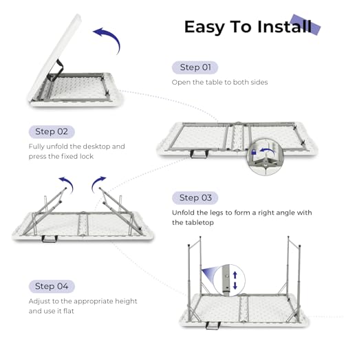 Byliable Folding Table 4 Foot Portable Heavy Duty Plastic Fold-in-Half Utility Table Small Indoor Outdoor Adjustable Height Folding with Carrying Handle, Camping and Party,White | Portable - color: White, size: 4FT