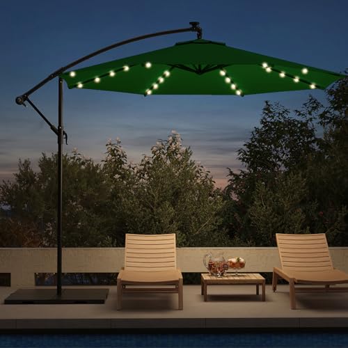 10FT 40-LED Solar Lighted Patio Umbrella, Outdoor Offset Cantilever Umbrella, Crank and Cross Bar, Infinite Tilt, UV Protection for Backyard, Lawn, Garden & Pool - color: Green, size: 10FT 40LED (Offset Umbrella)
