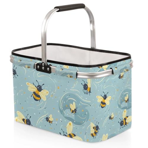Picnic Basket, MARYHFENVA Collapsible Shopping Basket 40L Portable Grocery Basket with Handles Reusable Folding Market Basket Large Christmas Basket - color: Bee(style 2)