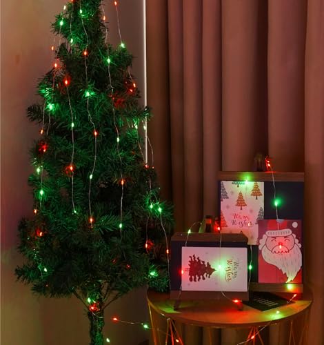 QITONG 4 Pack Solar Fairy Lights, Each 33ft 100 LED Red and Green Christmas String Light Outdoor Waterproof, 8 Modes Silver Wire Twinkle Mini Lights - color: Red/Green, size: 4Pack*100LED