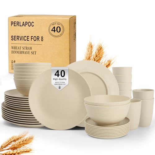 Dinnerware Sets 40 PCS Wheat Straw Plates and Bowls Sets With Cups Service for 8 Microwave Safe Dishes for Kitchen Lightweight Dish Set for RV Outdoor Activities Travel - Beige Colors - color: Beige, size: 40 PCS