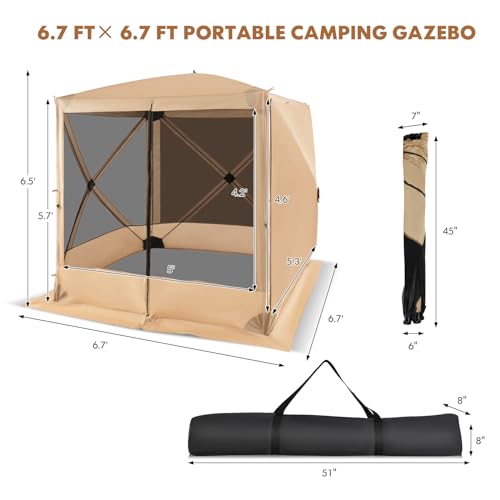 Tangkula 6.7x6.7 Ft Pop Up Gazebo with Netting, Portable Screen Tent with 4 Sided Mesh Walls, 2 Sunshade Cloths, UV 50+ Instant Canopy Shelter with Carry Bag for Camping, Lawn, Backyard - color: Coffee, size: 6.7x6.7 Ft
