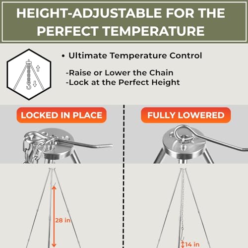 Tactiko Survival 33" Camping Tripod for Cooking - Stainless Steel Folding Stand, Adjustable Chain – Compact, Lightweight Outdoor Gear for Hanging Kettles, Pots & Percolators