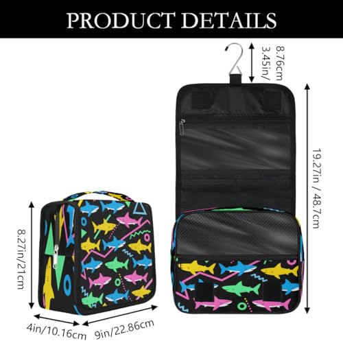 Art Colorful Shark Pattern Kids Toiletry Bag for Boys, Waterproof Travel Shaving Organizer with Hanging Hook, Portable Dopp Kit Cosmetic Bag for School Sports Camping Trips - color: Art Colorful Shark Pattern