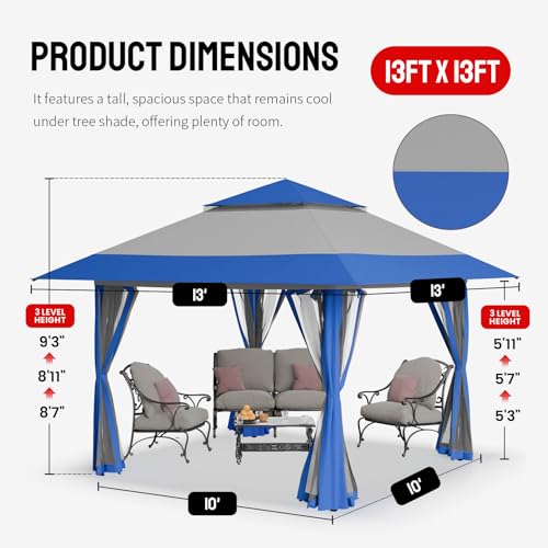CROWN SHADES 13x13 Pop Up Gazebo, Canopy Tent, Gazebos on Clearance - Outdoor Gazebo for Backyard & Patio Furniture - Carpa Pop Up Tent with Wheeled STO-N-Go Cover Bag (Blue & Grey) - color: Blue & Grey, size: 13x13