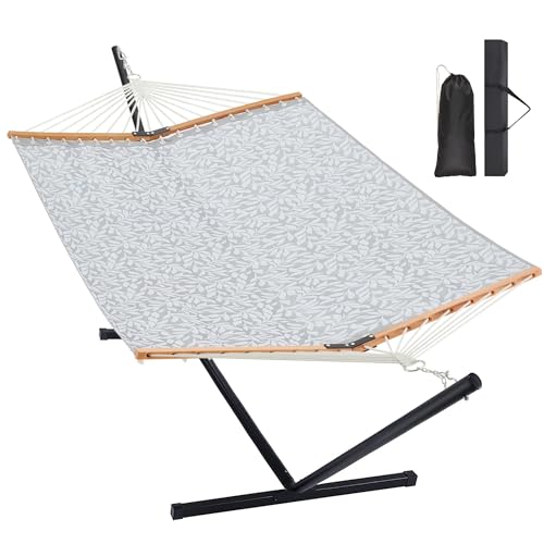 Homgava Two Person Hammock with Stand for Outside Heavy Duty, Outdoor Patio Hammock with Portable Steel Stand, Large Double Hammocks with Quick Dry Textilene Fabric,480lbs Capacity.(Grey White) - color: Grey White