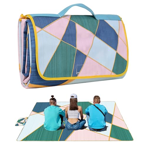 DanCoom Picnic Blanket, Foldable Waterproof Sand Mat,80" x 80" Extra Large Picnic Blanket,Outdoor Mat Beach Blanket for Camping Hiking Travel Family Concerts - color: Euclidean Geometry, size: 6'8" x 6'8" (Square)