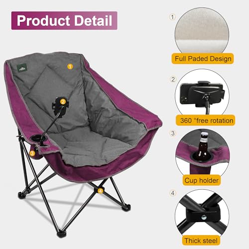 Northroad Oversized Foldable Camping Chair with Cell Phone Holder,Outdoor Padded Lawn Chair w/Cup Holder,Carry Bag for Beach, Hiking, and Picnics,Heavy-Duty 300-lbs Capacity, Purple - color: Purple With Phone Holder