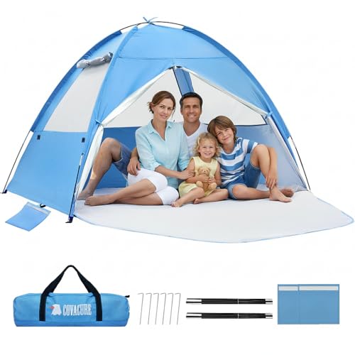 COVACURE 2026 New Upgraded Beach Tent Sun Shelter for 3-4 Person - UPF 50+ UV Protection Beach Shade, Waterproof & Lightweight, Easy Setup Portable Sun Canopy for Camping, Fishing, Beach(Blue) - color: Blue