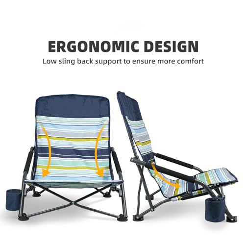 Portable Folding Beach Chair for Adults Set of 2- Lightweight Low Back Sling Chair, 300lbs Capacity Camping Chair for Outdoor, Lawn, Concert, Travel (Orange-Colour Striped) - color: Orange-colour Striped, size: 2 pcs