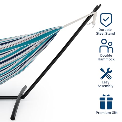 Double Hammock with Steel Stand - 2 Person Hammock Bed Indoor Outdoor, Brazilian-Style, with Carry Bag, 450lb Capacity, Portable & Easy Assembly, Ocean - color: Ocean